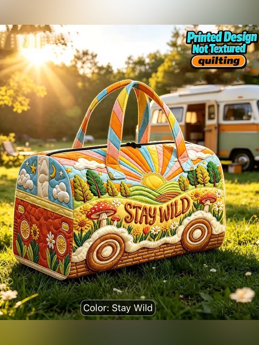 Stay Wild Colorful Quilted Womens Weekend Retro Van Tote Bag
